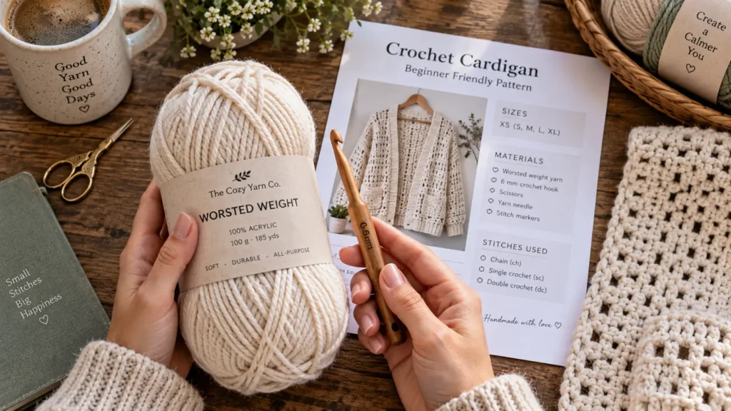 Yarn and hook recommended for a crochet cardigan pattern for beginners