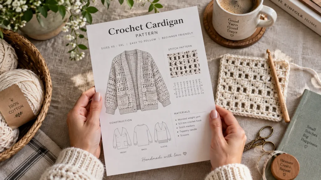 Woman wearing a cardigan made from a crochet cardigan pattern in a sunlit room