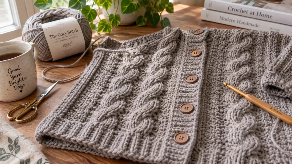 Cabled cardigan among popular crochet cardigan patterns for women