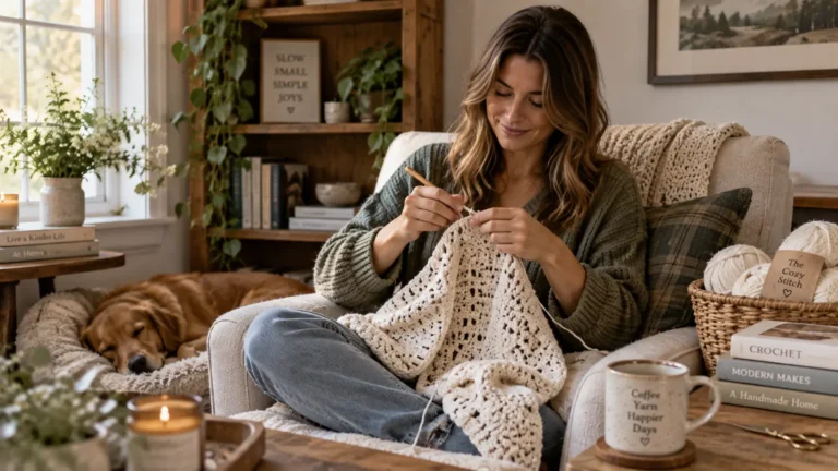 Beginner following a crochet cardigan pattern for beginners in a cozy setting