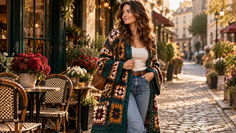 Woman wearing one of the best crochet cardigan patterns for women