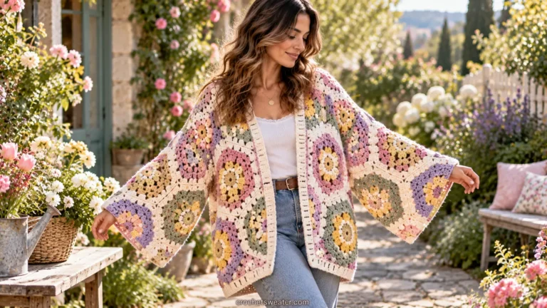 Beginner working on a crochet hexagon cardigan for beginners