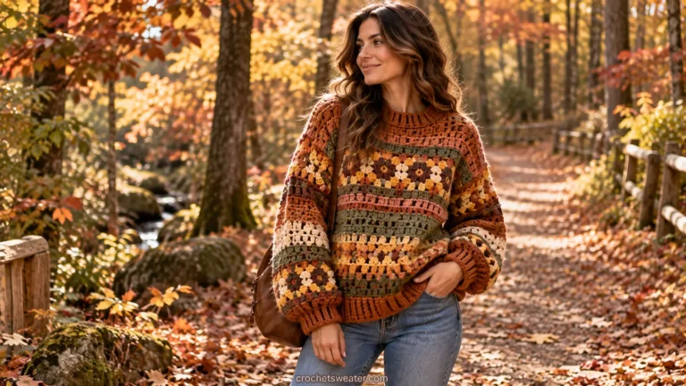 Woman wearing an oversized crochet pullover sweater in waffle stitch