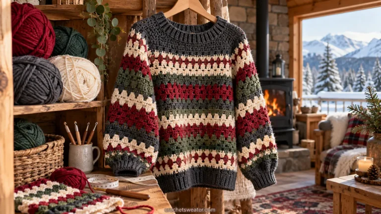 Beginner working on a crochet pullover sweater pattern for beginners