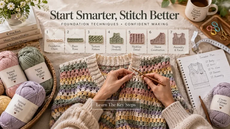 Woman working on a crochet sweater pattern by a sunlit window