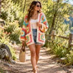 Working on one of several easy free crochet cardigan patterns