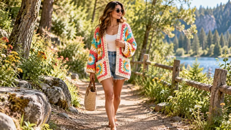 Working on one of several easy free crochet cardigan patterns