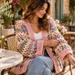 Wearing one of several free crochet cardigan patterns in a neutral tone