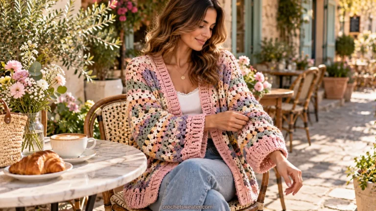 Wearing one of several free crochet cardigan patterns in a neutral tone