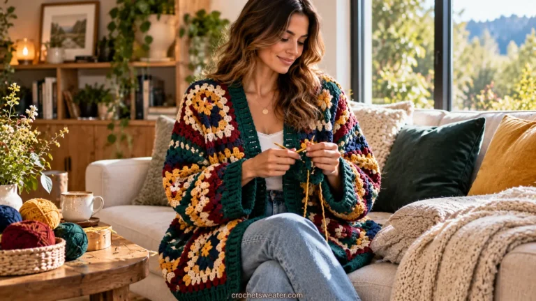 Beginner working on one of several free crochet cardigan patterns for beginners