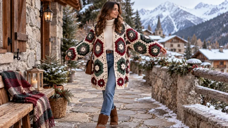 Woman wearing a hexagon cardigan crochet pattern in neutral tones
