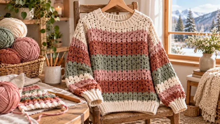 Learning how to crochet a pullover sweater from the neckline down