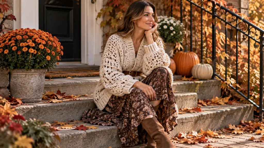 Woman wearing a belted oversized crochet sweater with a midi skirt in fall