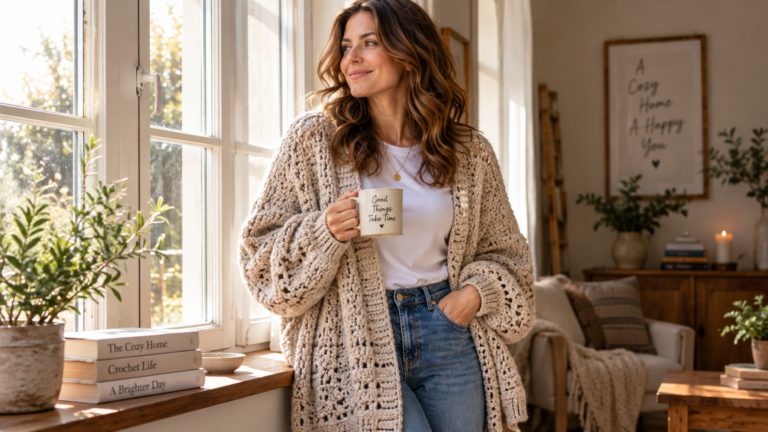 Woman wearing an open-front crochet cardigan sweater in a neutral tone