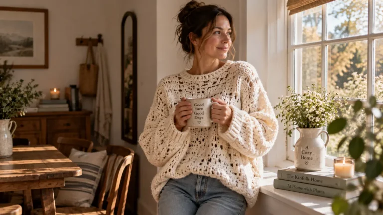 Woman wearing a cozy oversized crochet sweater by a sunlit window
