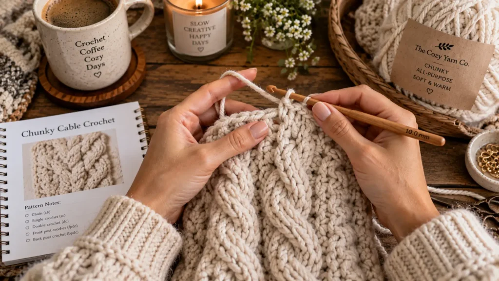 Close-up of chunky cable stitches being crocheted for an oversized sweater