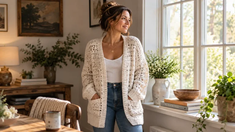 Woman wearing a cardigan made from a crochet cardigan pattern in a sunlit room
