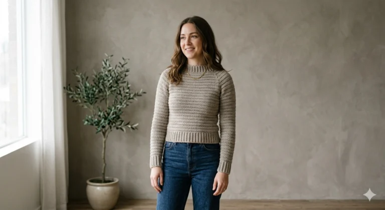 Woman wearing one of many modern crochet sweater patterns for women