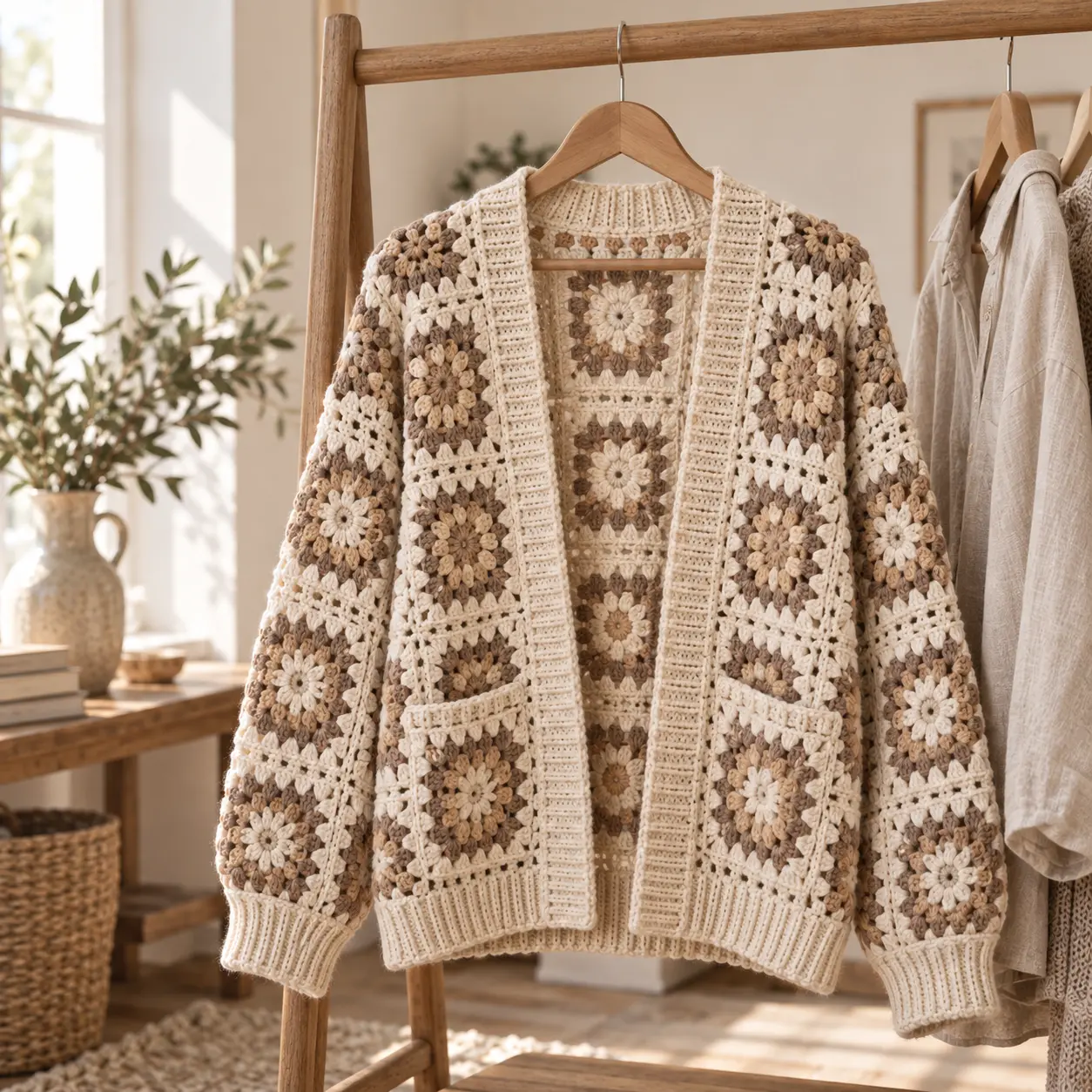 Handmade crochet cardigan design displayed on a wooden clothing rack.