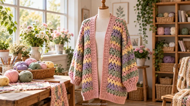 Beginner working on a crochet cardigan sweater in single crochet stitch