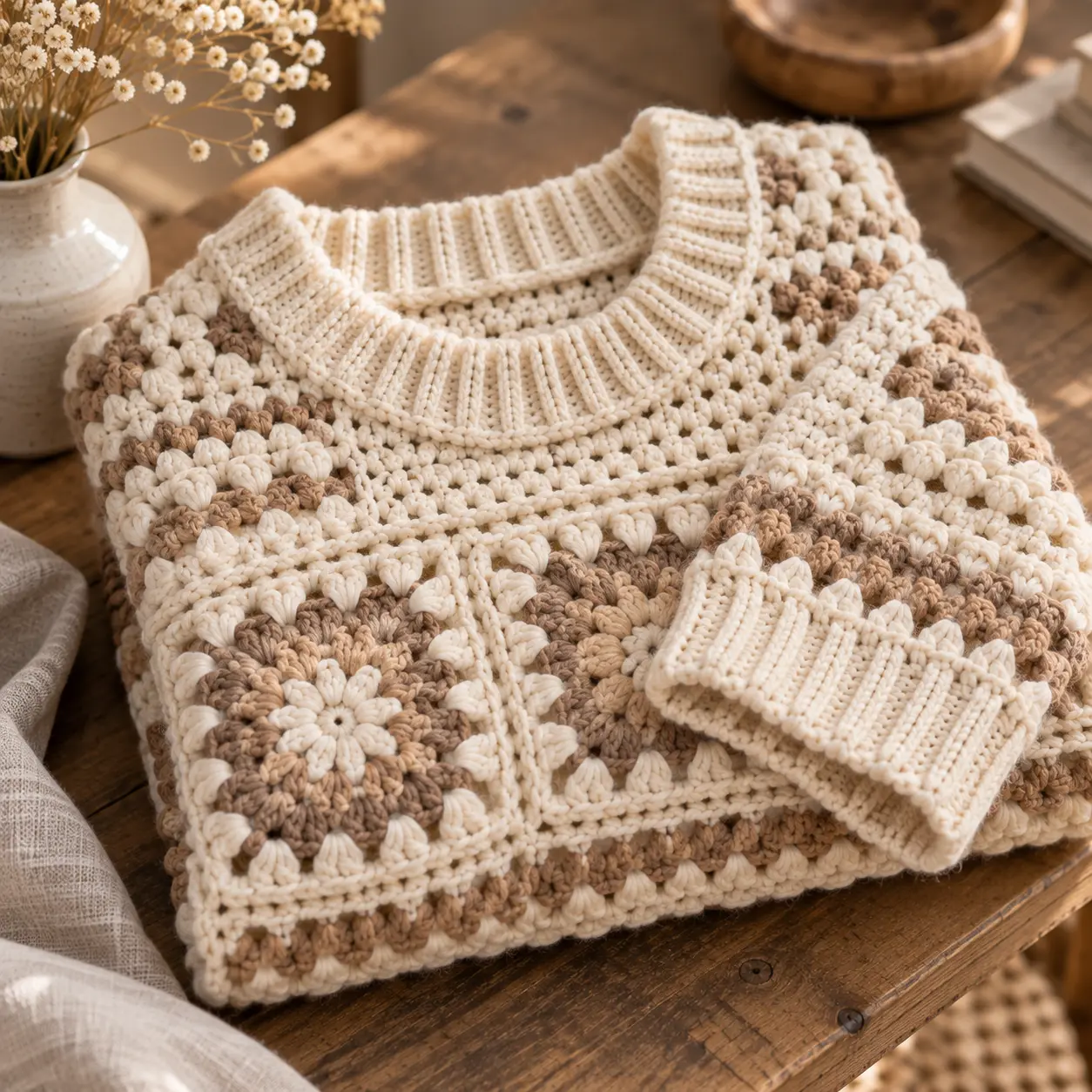 Handmade crochet sweater pattern with detailed crochet stitches and neutral yarn colors.