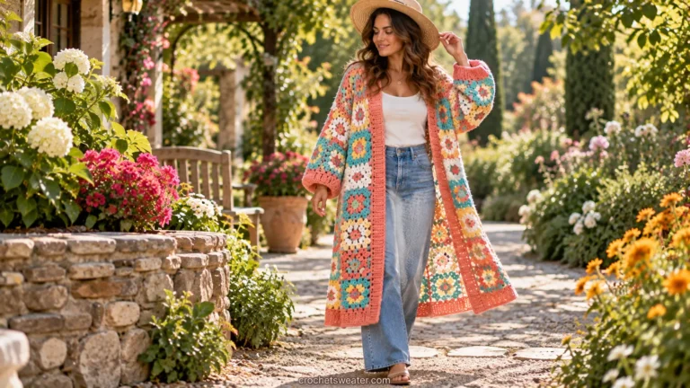 Working on an easy crochet cardigan sweater pattern in half double crochet