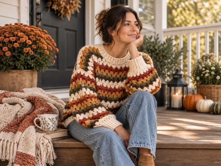 free crochet sweater patterns – granny stripe pullover in autumn tones