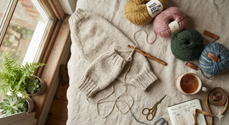 Yarn and hook laid out for free crochet sweater patterns