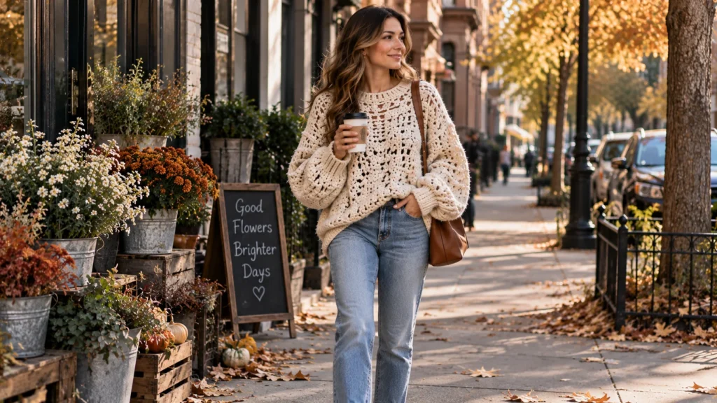 Woman styling a neutral oversized crochet sweater with a leather midi skirt