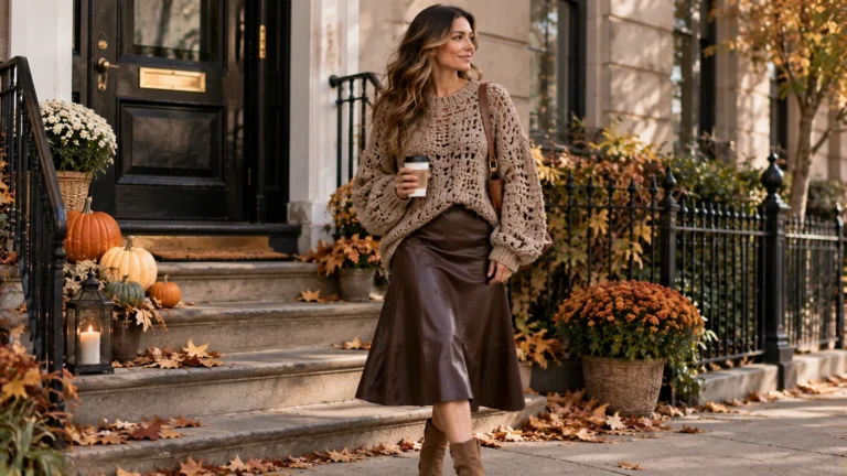 Woman wearing a neutral oversized crochet sweater with straight-leg jeans